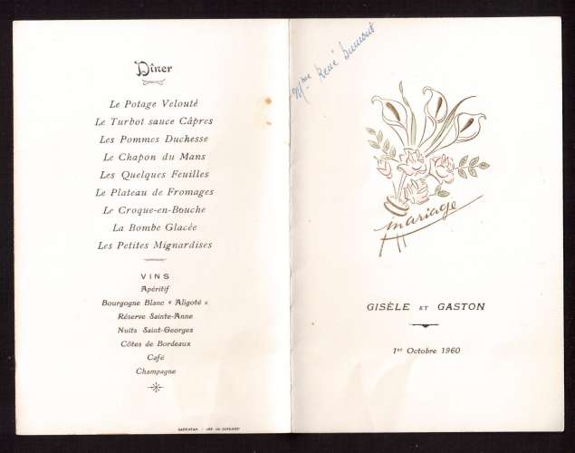 Menu de mariage  1960  déjeuner et dîner   Carentan - Imp du Cotentin