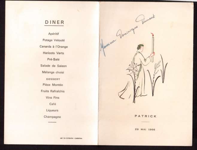 Menu de communion  1966  déjeuner et dîner  Imp du Cotentin - Carentan