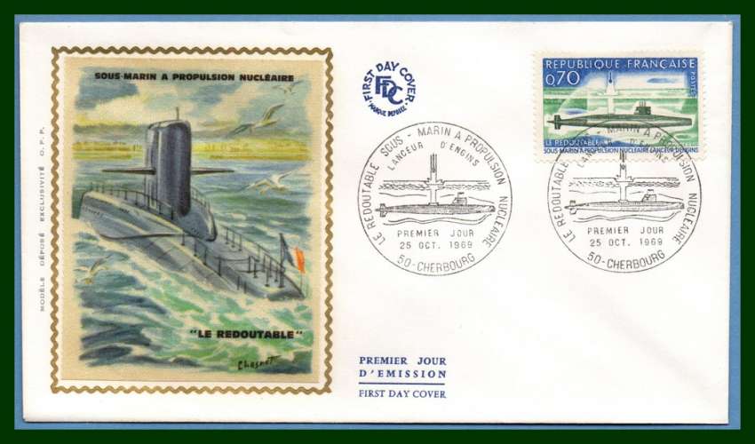 FDC silk soie Sous Marin Le Redoutable Cherbourg 1969 N° 1615 Submarine