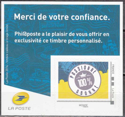  France 2016 Bloc Feuillet Timbre personalisée Passionné Abonné Neuf **