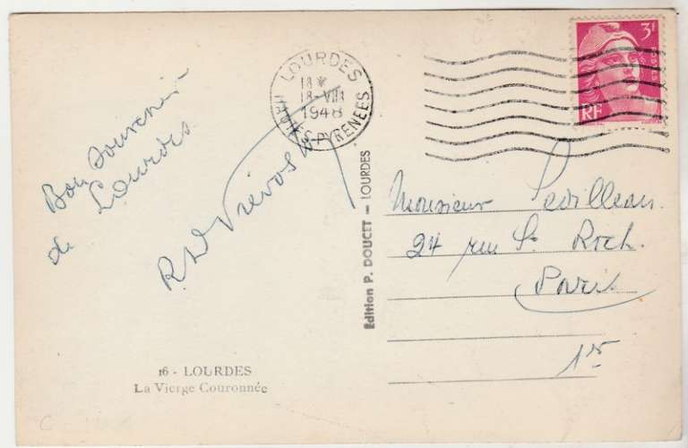 cpsm Lourdes timbrée Gandon YT 806 18/8/1948
