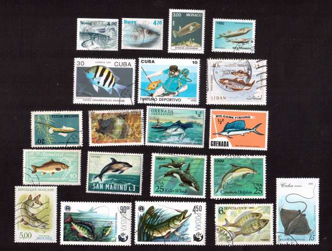 Thématique poissons d'Europe + Nouvelle Calédonie + USA + Cuba lot de 20 timbres oblitérés