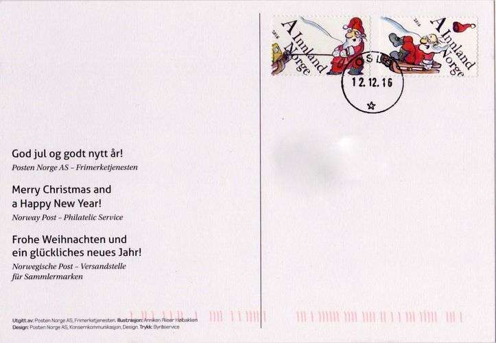 Norvège 2016 Carte de voeux de la Poste norvégienne pour Noël et Nouvel An (carte postale)