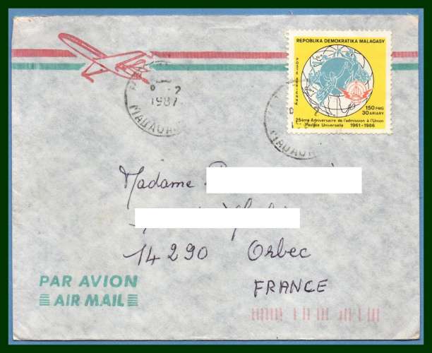 Madagascar lettre 1987 N° PA 192 UPU > France 