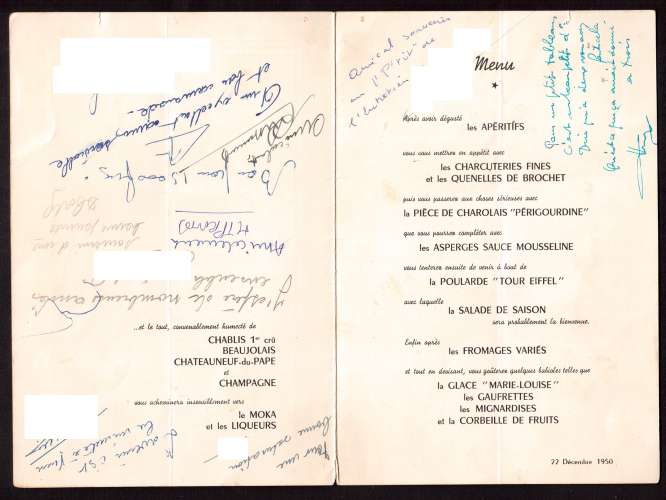 France Noel 1950  menu SPE  CGG  Schlumberger 22 décembre 1950