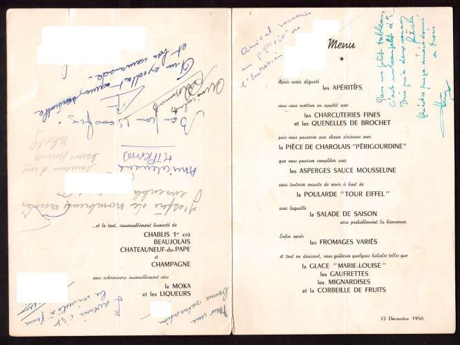 France Noel 1950  menu SPE  CGG  Schlumberger 