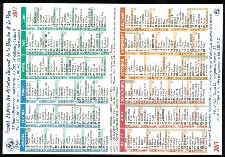 France Calendrier de poche 2017 Calendar Artistes Peignant de la Bouche et du Pied