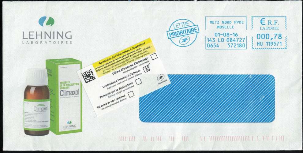 France EMA Empreinte Postmark Publicité Climaxol Médicament Lehning 57 Metz