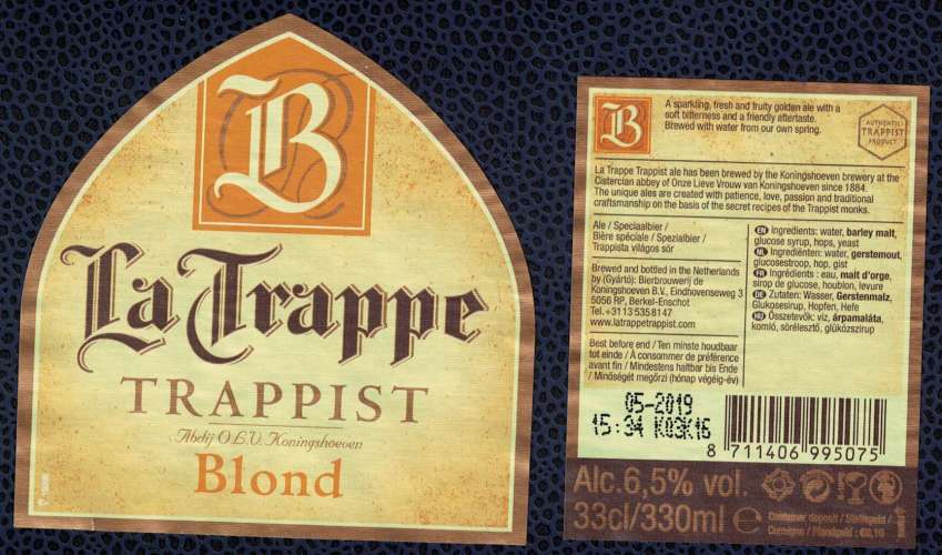 Pays Bas Lot 2 Étiquettes Bière Beer Labels La Trappe Trappist Blond Blonde