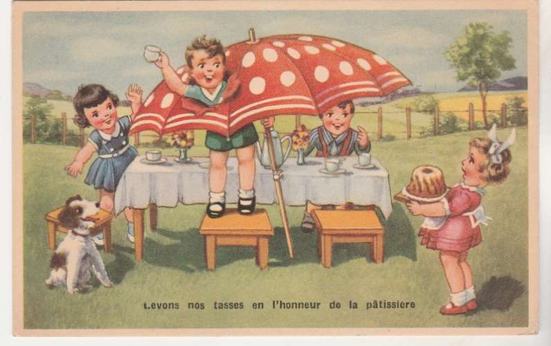 cpsm  Enfants   , chien ... Levons nos tasses...