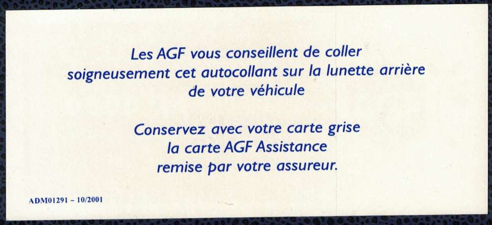 Autocollant Assurances AGF Assistance pour lunette arrière de véhicule
