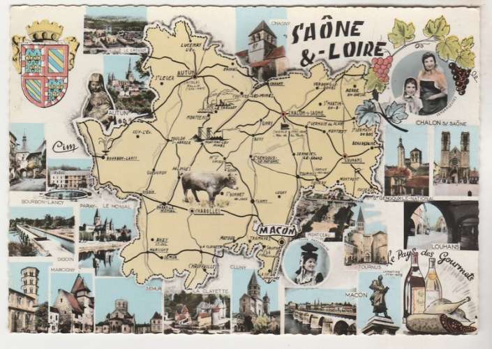  cpsm 71 Carte géographique de Saône-et-Loire Blason