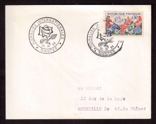 France 1963 Y&T 1369 (o) floralies nantaises 0,30 seul sur lettre cachets floralies 30.IV.63