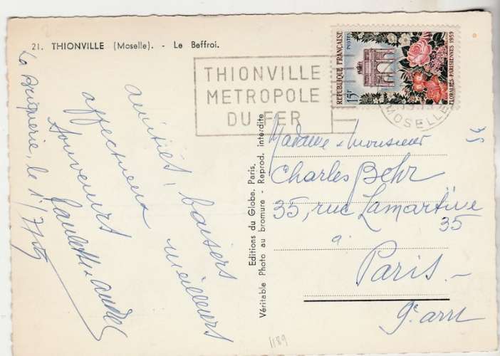 cpsm 57  Thionville Le Beffroi timbrée YT 1189 ( 1/7/1959 )