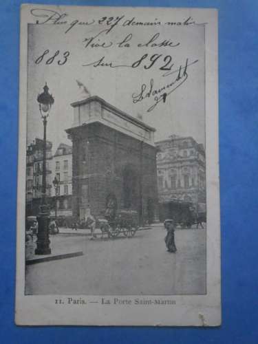 75-PARIS la porte Saint-Martin , circulée en 1904 , dos non divisé , 2 scans