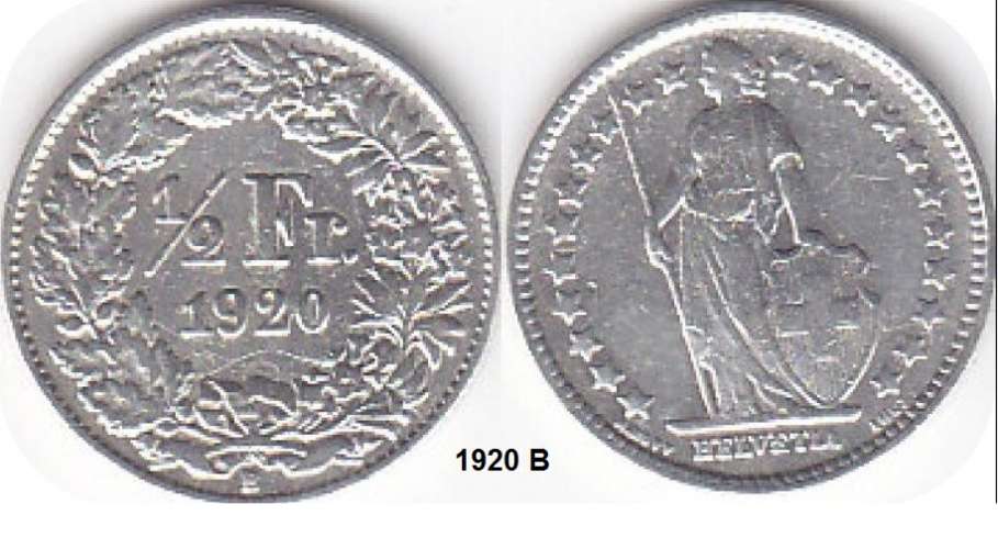 suisse ½ franc argent Helvetia debout année 1920