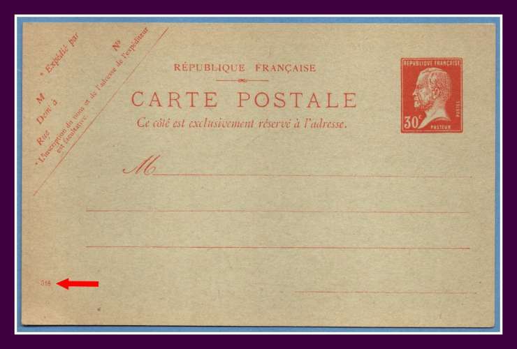 Entier Pasteur 173-CP1-318 ** (cote 30 €) 1923