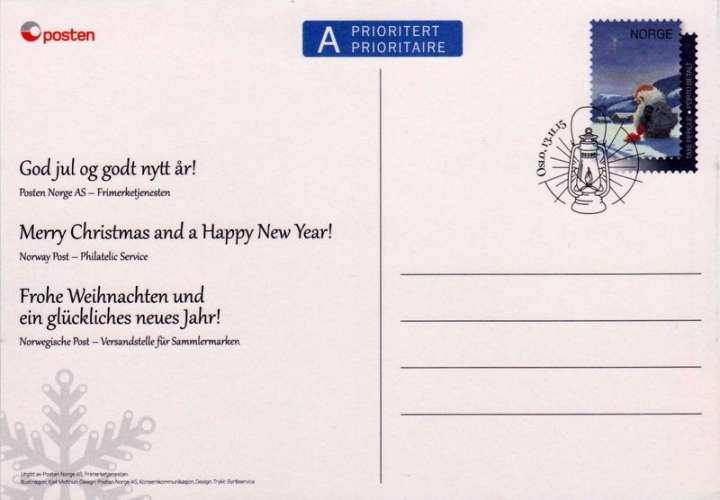Norvège 2015 Carte de voeux de la Poste norvégienne pour Noël et Nouvel An (entier postal)