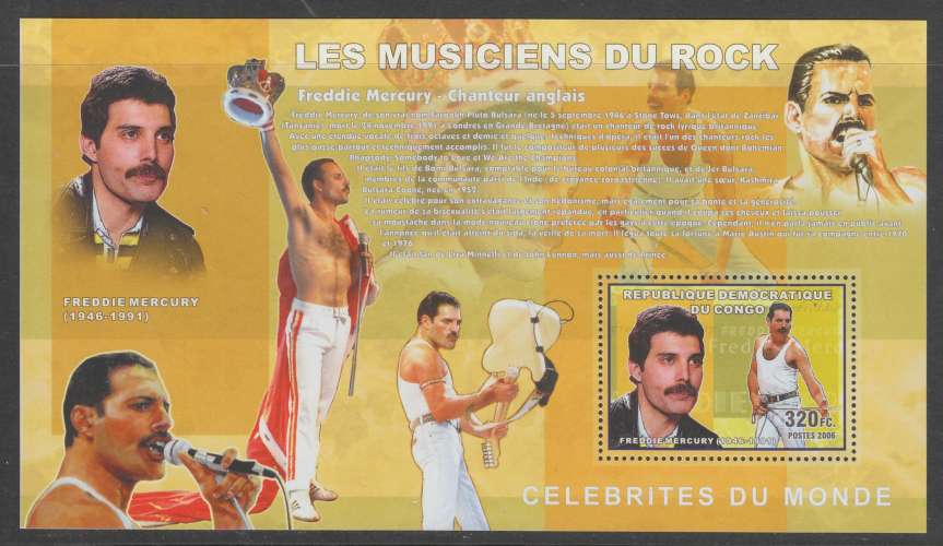 BLOC NEUF DE REP. DEM. DU CONGO - MUSICIENS DE ROCK : FREDDIE MERCURY N° COB 429