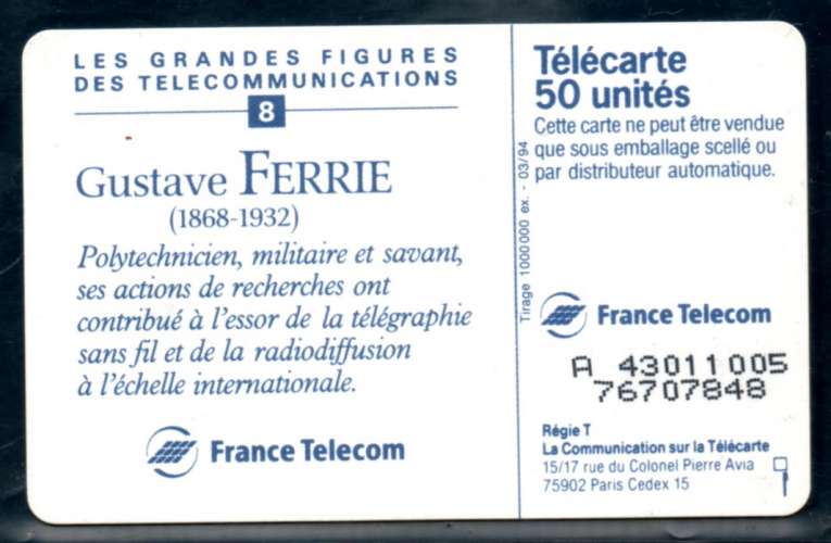 France F436Da Gustave FERRIE Figure Telecom 8 50U-SO5 DN Édition 03/94 