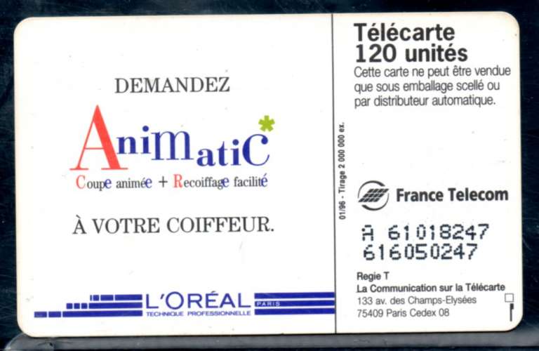 France F621 Coiffure Animatic L'OREAL 120U-SO3 1996 Grands chiffres