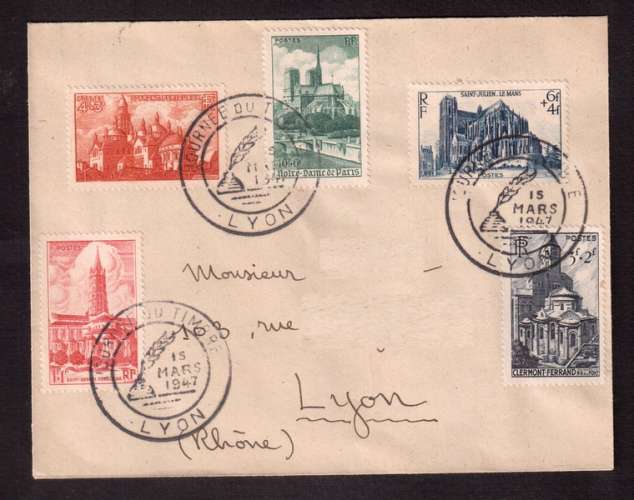 France  1947 Y&T 772 - 773 - 774 - 775 - 776  (o) cathédrales sur lettre journée du timbre 