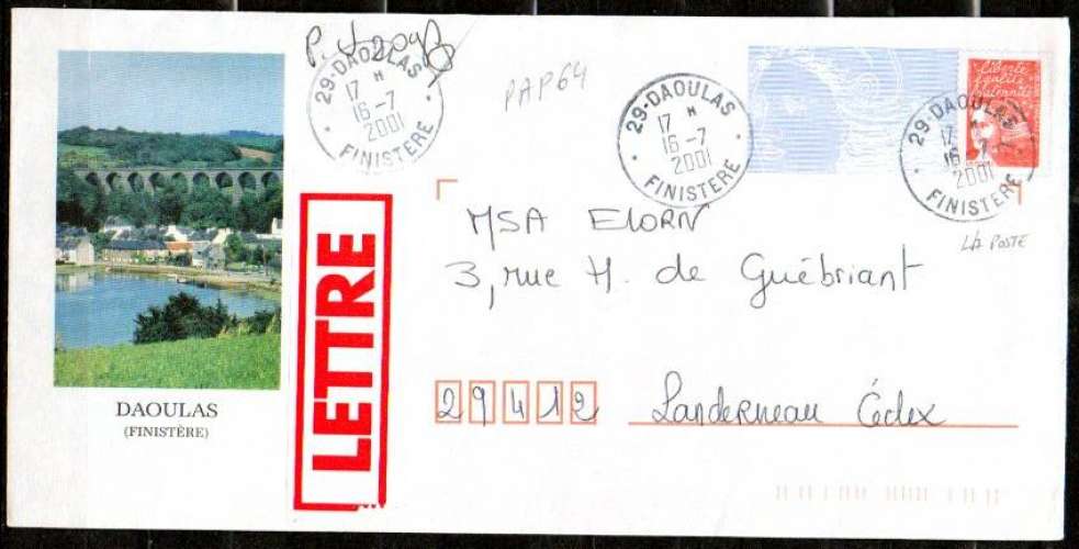 PAP Luquet (La Poste) > DAOULAS > Cachet A9 Dept 29 (Finistère) DAOULAS 2001