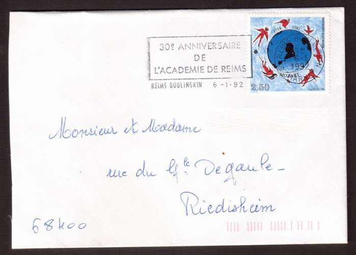 France 1991 Y&T 2695 (o) bicentenaire de la mort de Mozart 2,50 sur lettre avec flamme