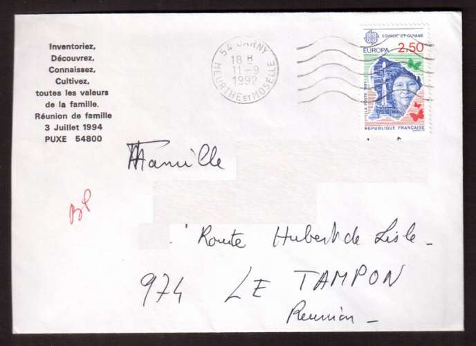 France 1991 Y&T 2696 (o) Europa Espace et Guyane 2,50 sur lettre vers La Réunion