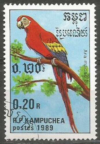 Kampuchéa - 1989 - Y&T n° 872 - Obli. - Ara macao - Oiseaux exotiques - Faune