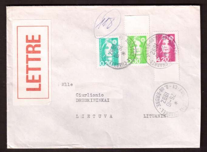 France 1992 Y&T 2770 - 2621 - 2618 (o) Marianne de Briat  sur lettre vers la Lituanie