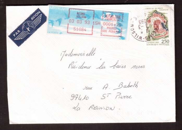 France 1992 Y&T 2763 (o) château de Biron + LISA  sur lettre vers la Réunion