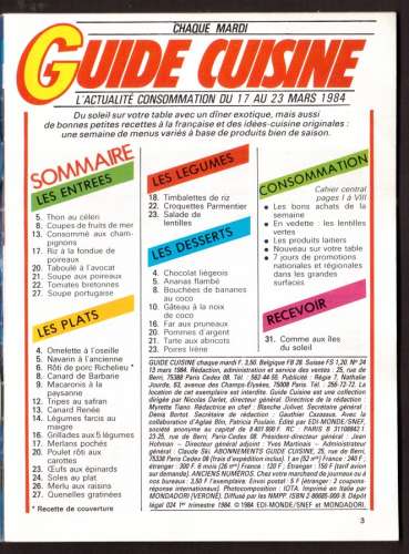 1984 Guide cuisine 40 recettes pour la semaine n° 24 indispensables  : fromage, lait, yaourts....