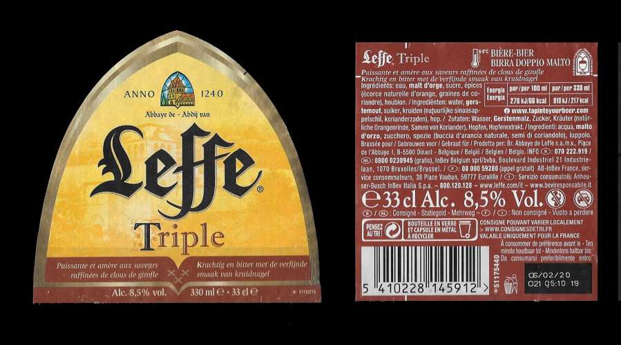 Etiquettes de bière - LEFFE Triple - Etiquettes décollées