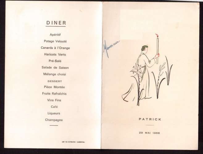 Menu de communion  1966  déjeuner et dîner  Imp du Cotentin - Carentan