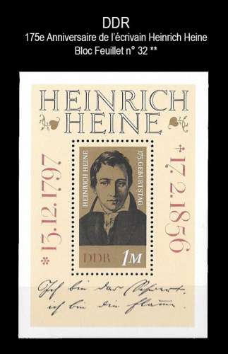 DDR - Bloc Feuillet Y&T 32 ** - 175 anniversaire de l'écrivain Heinrich Heine - année 1972