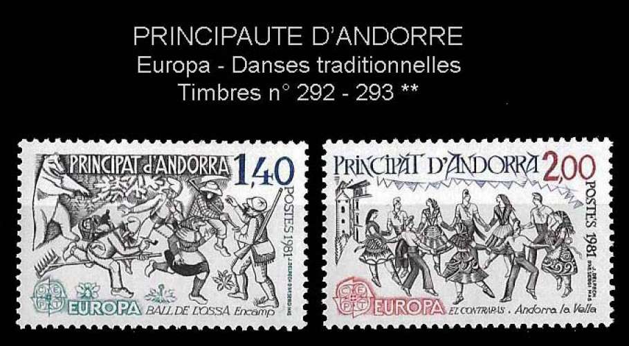 Andorre Français - Y&T 292 - 293 ** - Europa - danses traditionnelles - année 1981