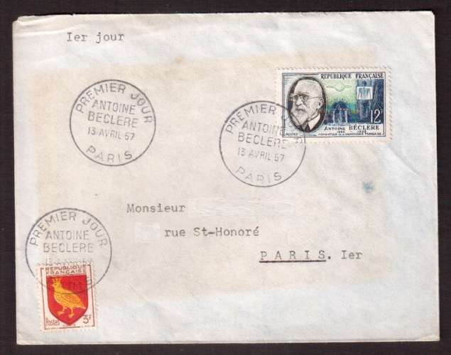 France 1957 Y&T 1096  (o) Beclère 12 F  sur lettre cachets premier jour