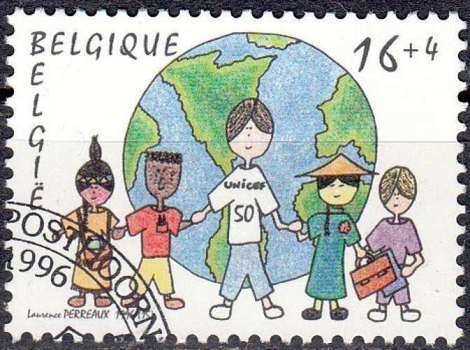 Belgique 1996 COB 2670 O Cote (2016) 1.10 Euro 50 Ans de l'UNICEF dessin d'enfant Cachet rond