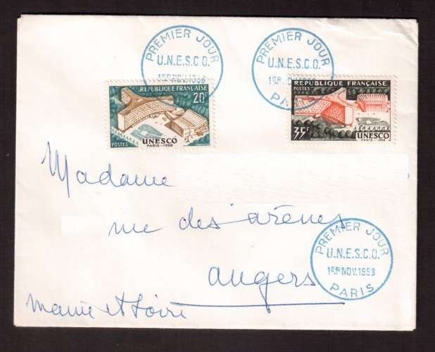 France 1958 Y&T 1177 - 1178 (o) UNESCO 20 F et 35 F sur enveloppe premier  jour FDC circulé