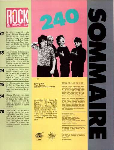 Magazine Rock & Folk n° 240 avril  87 Tina : j'arrive ! U2 - poster Stranglers - Duran Duran