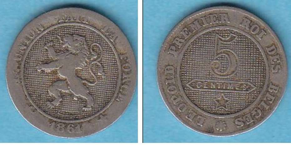 belgique  leopold 1er 5 centimes cupro nickel  année 1861