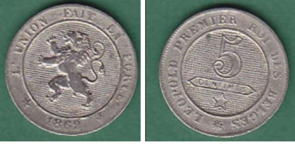 belgique  leopold 1er 5 centimes cupro nickel  année 1862