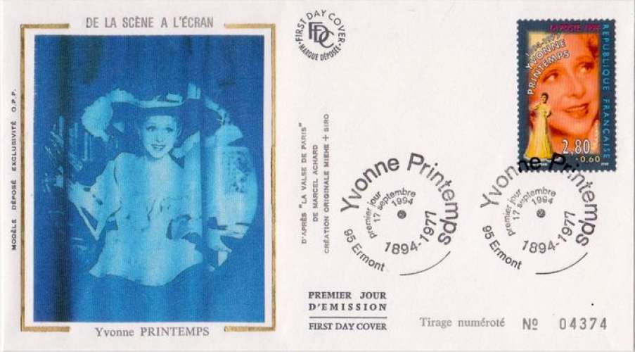 France 1994 EPJ / FDC Yvonne Printemps Y&T 2897 (illustration en soie)