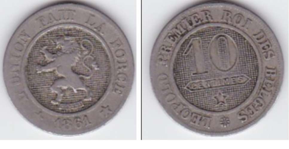 belgique  leopold 1er 10 centimes cupro nickel  année 1861