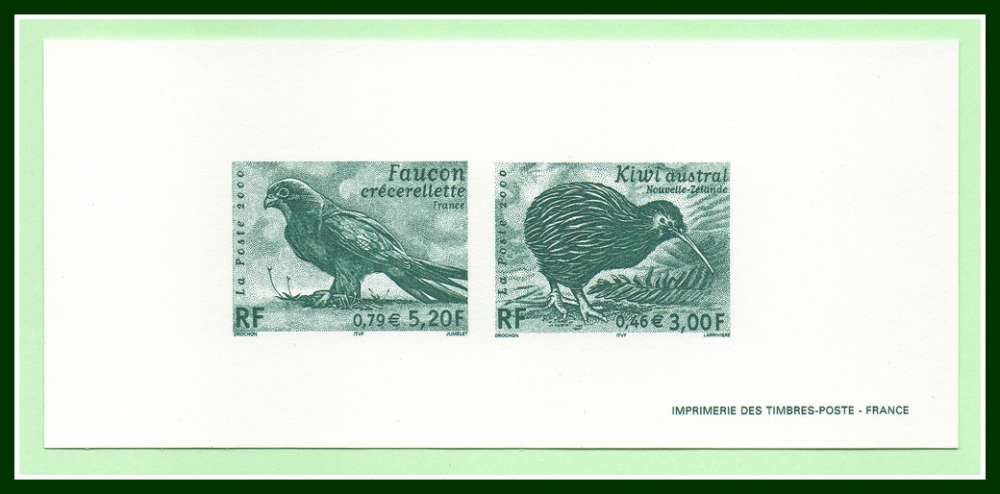 Gravure N° 3360 3361 Faucon Kiwi 2000 (sous faciale) Rapace ..