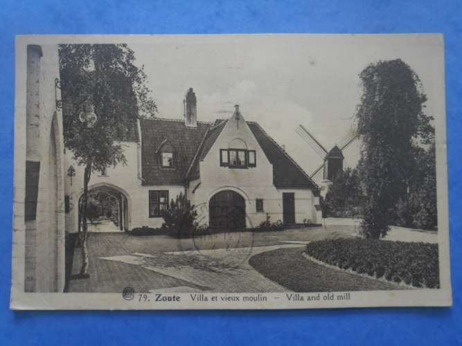 BELGIQUE-ZOUTE-villa et vieux moulin , circulée en 1939 , 2 scans