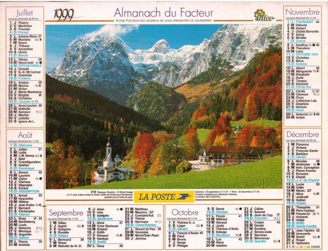 Calendrier 1999 La Poste Almanach du Facteur Oller - 218 chalet  -  Ramsau,  Bavière