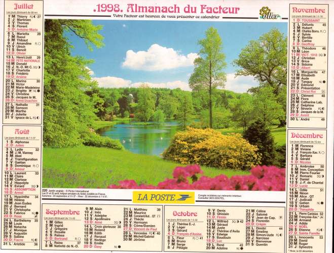 Calendrier 1998 La Poste Almanach du Facteur Oller - 220 chaumière traditionnelle, jardin anglais