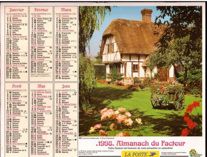 Calendrier 1998 La Poste Almanach du Facteur Oller - 220 chaumière traditionnelle, jardin anglais